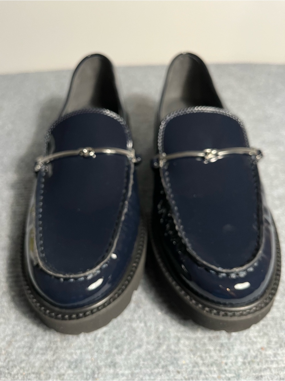 Franco Sarto Navy Patent Loafers with Silver Bit. These are labeled Wide.